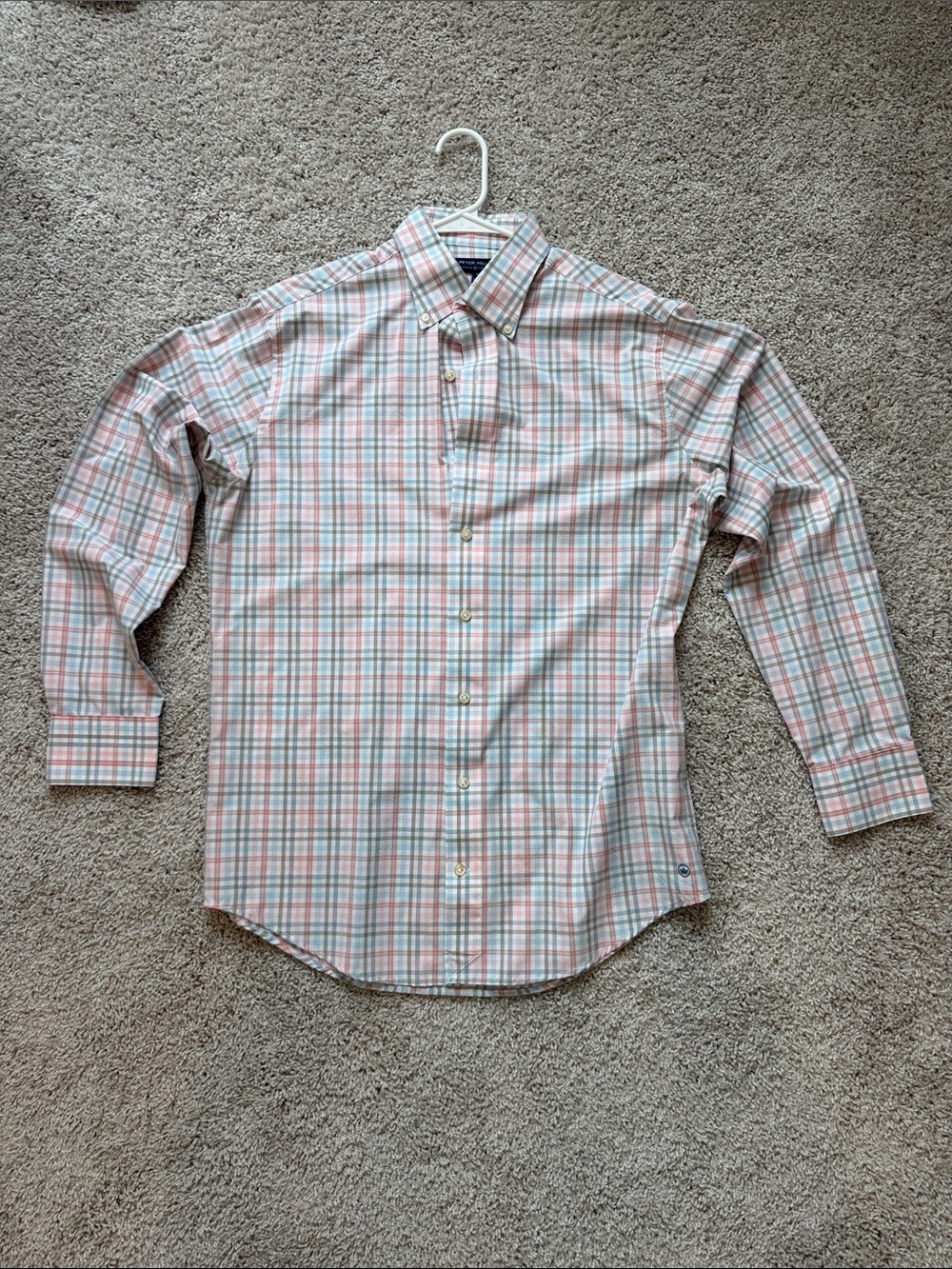 Peter Millar Pink and Blue Plaid Button-Down Dress Shirt